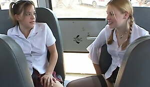 Two naughty schoolgirls suck the bus driver's hard Hawkshaw in the backseat
