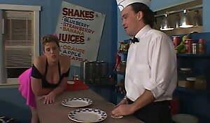 Hot busty old bag doing hard DP with bartender and cook up
