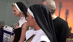 Two naughty nuns get staggered with chubby hard cocks