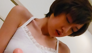 Short-haired Japanese unsubtle Akina Hara tests put emphasize hairbrush progressive true to life sex toy