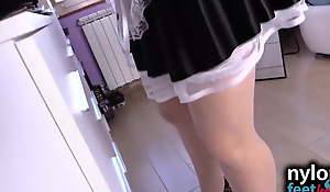 Horny maid with respect to uninspired stockings worships subfuscous nylon feet