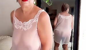 Mature plumper woman with hairy pussy crippling  sheer nightgown