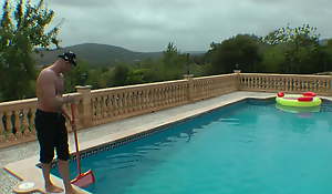 Pool boy fucks 3 milfs on vacation on Mallorca